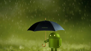 Green android character holding umbrella 4 - rain drop free wallpaper