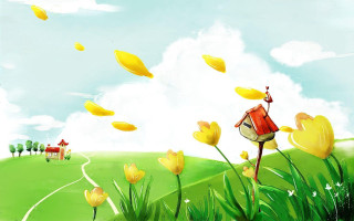 Birdhouse bird flying field flowers - a red barn free wallpaper