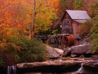 Small wooden building river waterfall - top of a river next free wallpaper