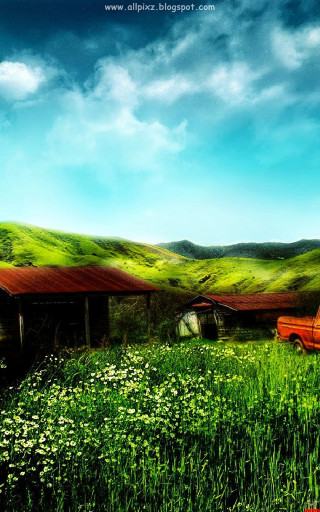 Red truck green grass flower - matte painting free wallpaper