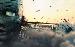 Surreal building clouds sky birds - the cloud free wallpaper