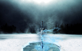 Sword snow sky trees background - epic fantasy free wallpaper