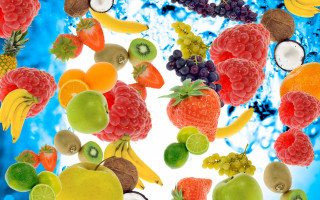 Flying fruit blue white background - a bunch of fruit free wallpaper