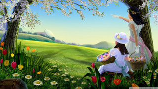 Girls flower picking dog bird - nearby free wallpaper