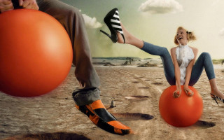Woman man desert balls feet - a surrealist painting free wallpaper