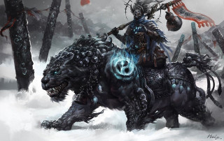 Man riding black horse snowy - a demon free wallpaper