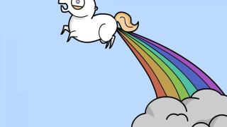 Cartoon unicorn riding rainbow cloud - a rainbow in the middle free wallpaper