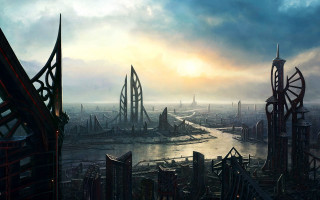 City river skyline painting artwork - a sky line in the background free wallpaper