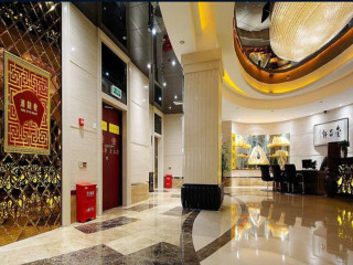 Lobby red door gold sign - open ceiling free wallpaper