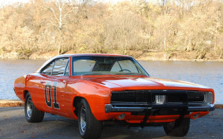 Orange muscle car lake trees - western free wallpaper