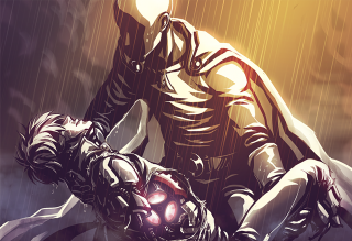 Rainy armor man holding woman - a bloody face free wallpaper