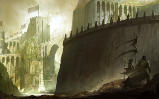 Man bridge river castle gate - mars ravelo and greg rutkowski free wallpaper