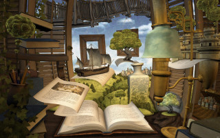 Book opened table lamp boat - fantasy art free wallpaper