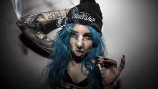Woman blue hair tattoos smoking - a cigarette free wallpaper for desktop