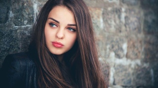 Woman long hair stone wall 2 - a red lipstick free wallpaper