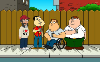 Cartoon man wheelchair friends beer - two other man free wallpaper