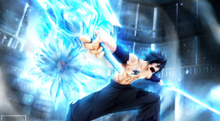 Man sword building blue flower - anime art free wallpaper