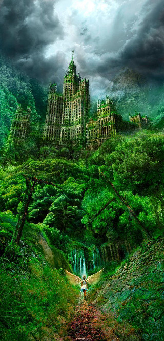 Castle forest waterfall person path - matte painting free wallpaper