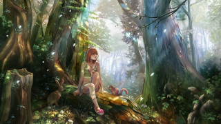Woman sitting log forest cat - cyril rolando free wallpaper