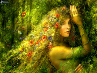 Woman long hair flowers woods - ann thetis blacker free wallpaper