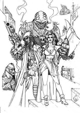 Costume couple guns monster drawing - free sci-fi wallpaper