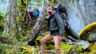 Man backpack climbing mountain trail - other person free wallpaper