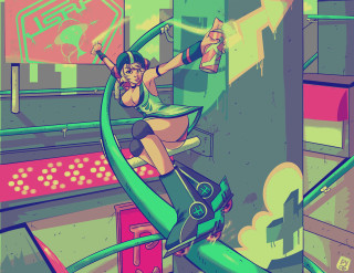 Cartoon girl rollercoaster city neon - 2 d game art free wallpaper