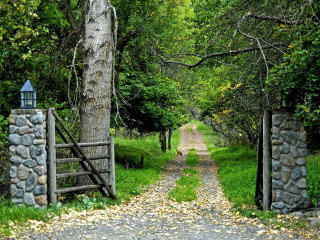 Stone gate open dirt road - archibald skirving free wallpaper