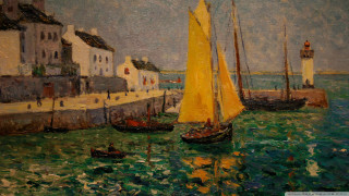 Harbor boats houses lighthouse yellow - impressionist painting free wallpaper