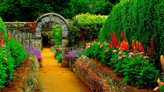 Garden stone arch colorful flowers - impressionist free wallpaper