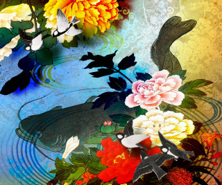Flowers birds pond water wave - the bottom of the picture free wallpaper