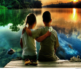 Couple dock sunset lake water - romantic free wallpaper