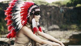 Woman native american headdress rock - a photorealistic painting free wallpaper for desktop