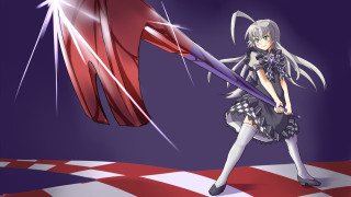 Anime girl sword checkered background - a red cape free wallpaper
