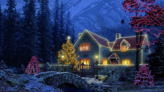 Christmas scene house bridge lights - evgeny lushpin free wallpaper