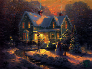 House snowman person standing outside 2 - a painting of a house free wallpaper