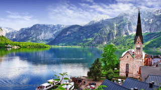 Lake church mountains boat water - a steeple free wallpaper