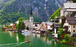 Boat river town mountain church - steep free wallpaper