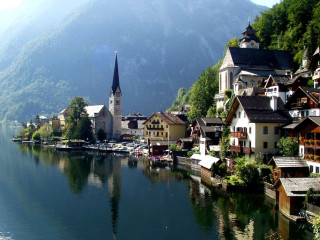 Lake church mountain background serene - a church free wallpaper