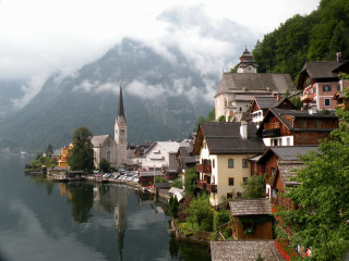 Lake town church mountain clouds - a town free wallpaper
