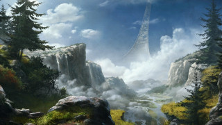 Mountain waterfall forest landscape painting - a painting of a mountain landscape free wallpaper