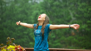 Woman standing rain arms outstretched - ella guru free wallpaper