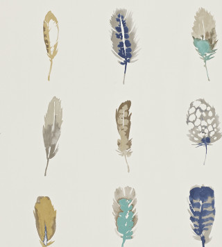 Feathers white wallpaper blue gold - paint free wallpaper