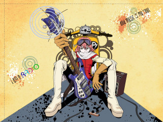 Cartoon character chair guitar hat - a yellow wall free wallpaper