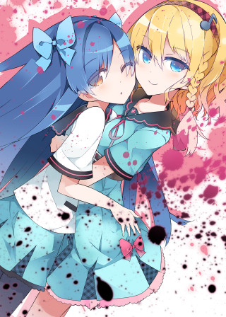 Anime girls hugging paint splatters - the background of them free wallpaper