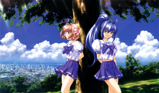 Anime girls tree field city - a city in the background free wallpaper
