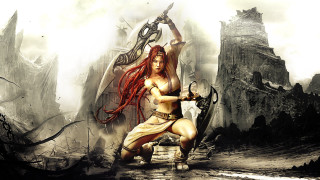 Woman sword demon city castle - a castle in the background free wallpaper