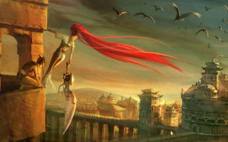 Woman sword balcony birds flying - bayard wu free wallpaper