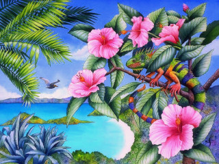Tropical scene flowers bird flying - tropical free wallpaper