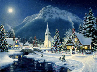 Snowy village church river night - an oil painting free wallpaper